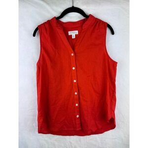Morgan Taylor Red Linen V-Neck Sleeveless Button Front Shirt Top Womens M Brunch